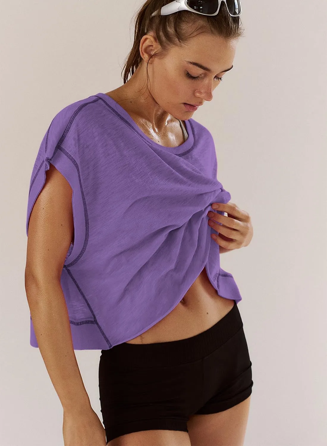 Women Short Sleeve Workout Shirts Open Back Tops Casual Yoga Y2k Athletic Gym Slouchy Crop Running Tees