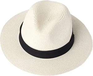 Women Wide Brim Straw Panama Roll up Hat Fedora Beach Sun Hat UPF50 , Adjustable Panama Hats for Women or Men
