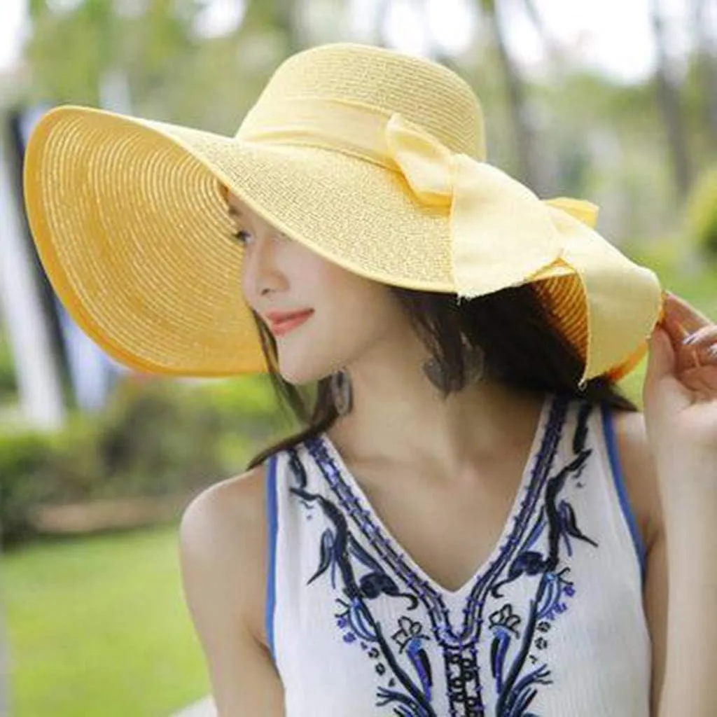 Women Wide Brim Sun Hat Straw Summer Hat Big Floppy Foldable Roll up Cap Beach Sun Hat UPF 50 