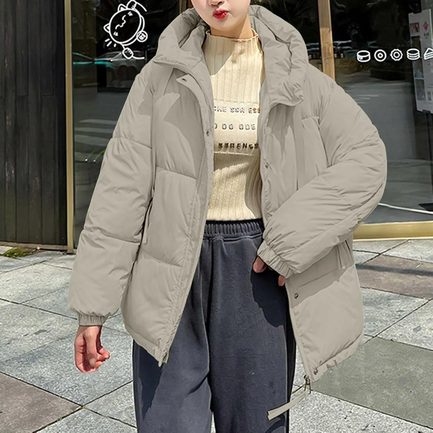 Women Winter Jacket Loose Hooded Puffer Down Long Sleeve Solid Color Casual Down Jacket Warm Lightweight Quilted Coat