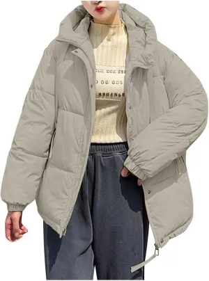 Women Winter Jacket Loose Hooded Puffer Down Long Sleeve Solid Color Casual Down Jacket Warm Lightweight Quilted Coat