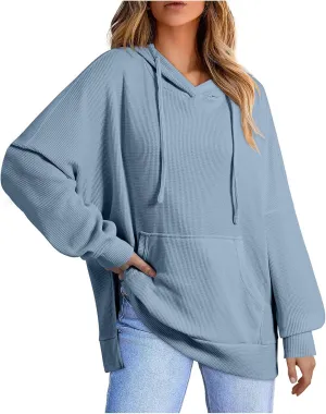 Women's 2024 Waffle Knit Hoodies Stylish Oversized Sweatshirts with Drawstring Hooded Lightweight Athletic Hoody Tops