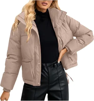 Womens Cropped Puffer Jackets Warm Winter Down Coat with Pockets Trendy Solid Short Zipped Quilted Coat Outerwear