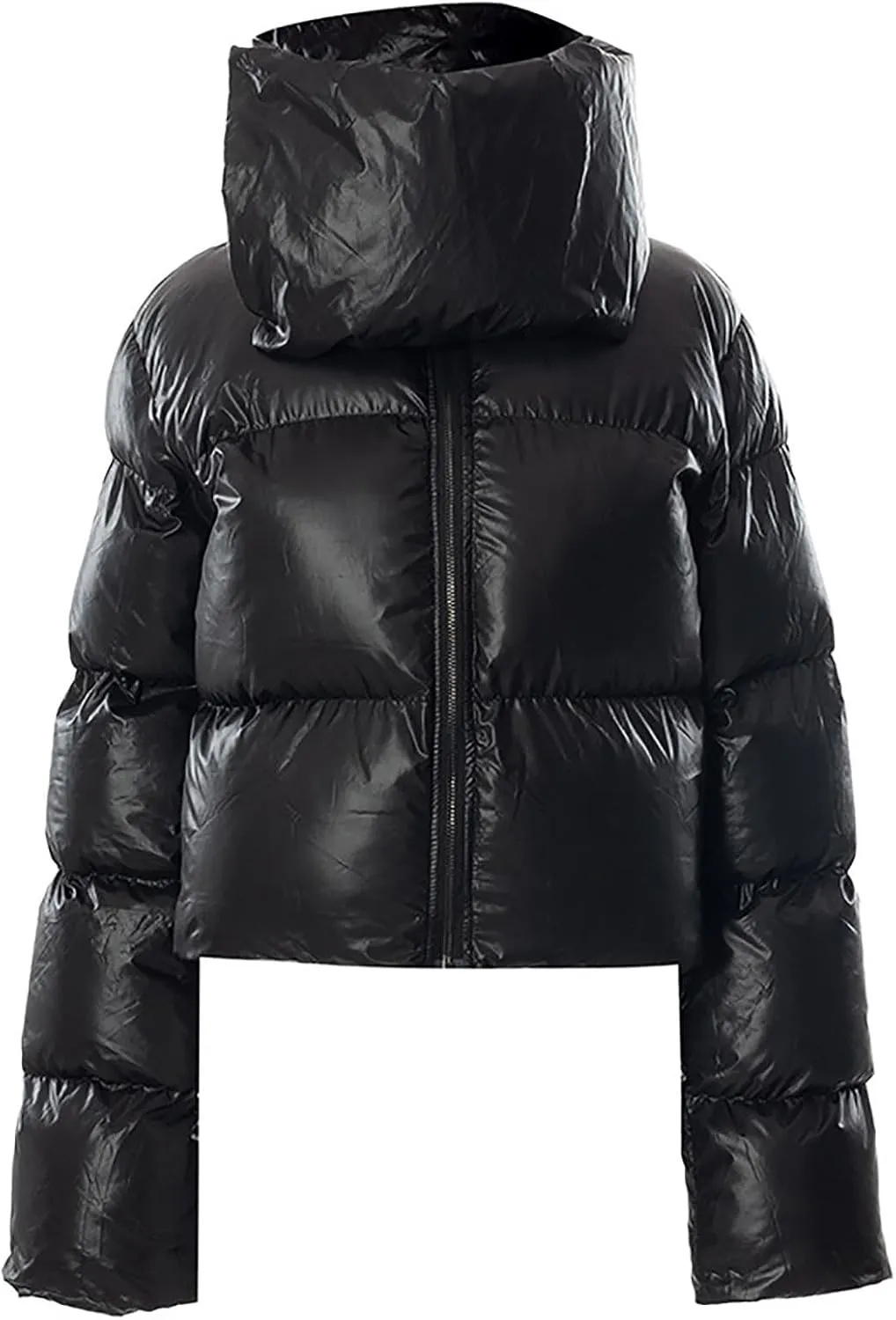 Womens Cropped Puffer Jackets Winter Snap Neck Long Sleeve Short Down Coat Zip Up Padding Warm Quilted Crop Outerwear