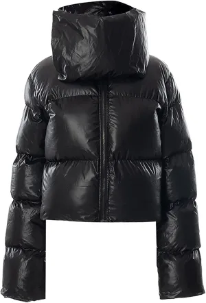 Womens Cropped Puffer Jackets Winter Snap Neck Long Sleeve Short Down Coat Zip Up Padding Warm Quilted Crop Outerwear