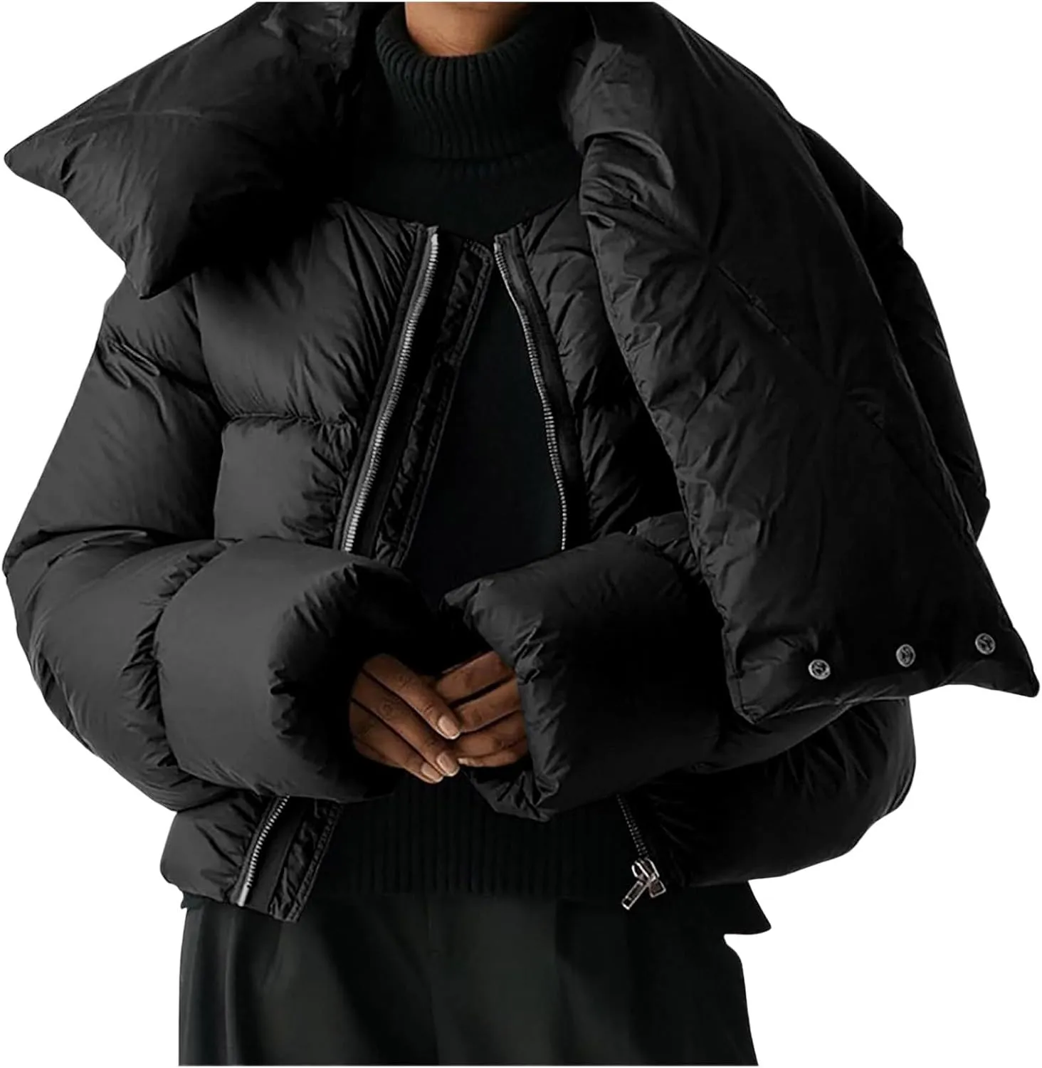 Womens Cropped Puffer Jackets Winter Snap Neck Long Sleeve Short Down Coat Zip Up Padding Warm Quilted Crop Outerwear