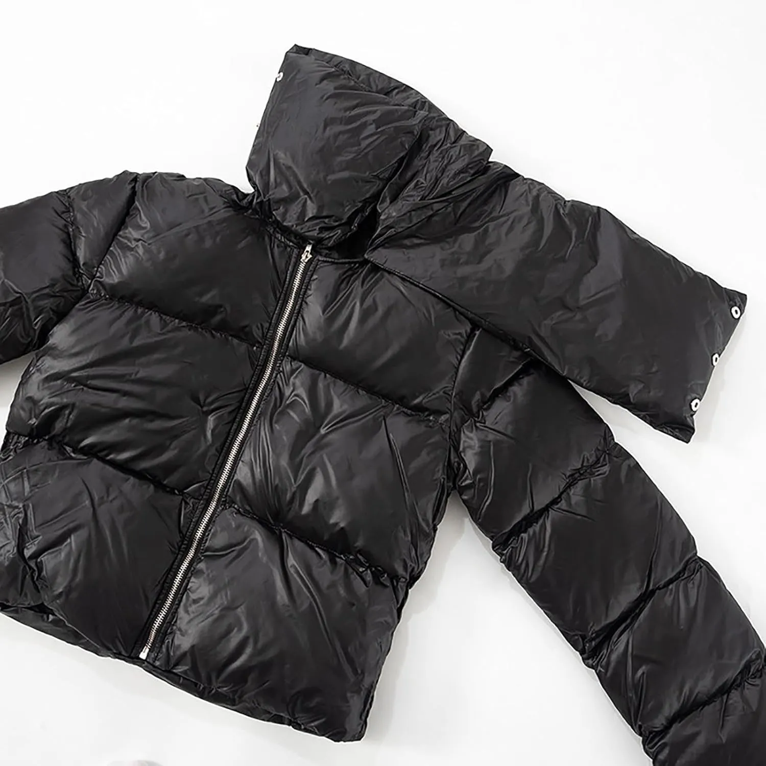 Womens Cropped Puffer Jackets Winter Snap Neck Long Sleeve Short Down Coat Zip Up Padding Warm Quilted Crop Outerwear