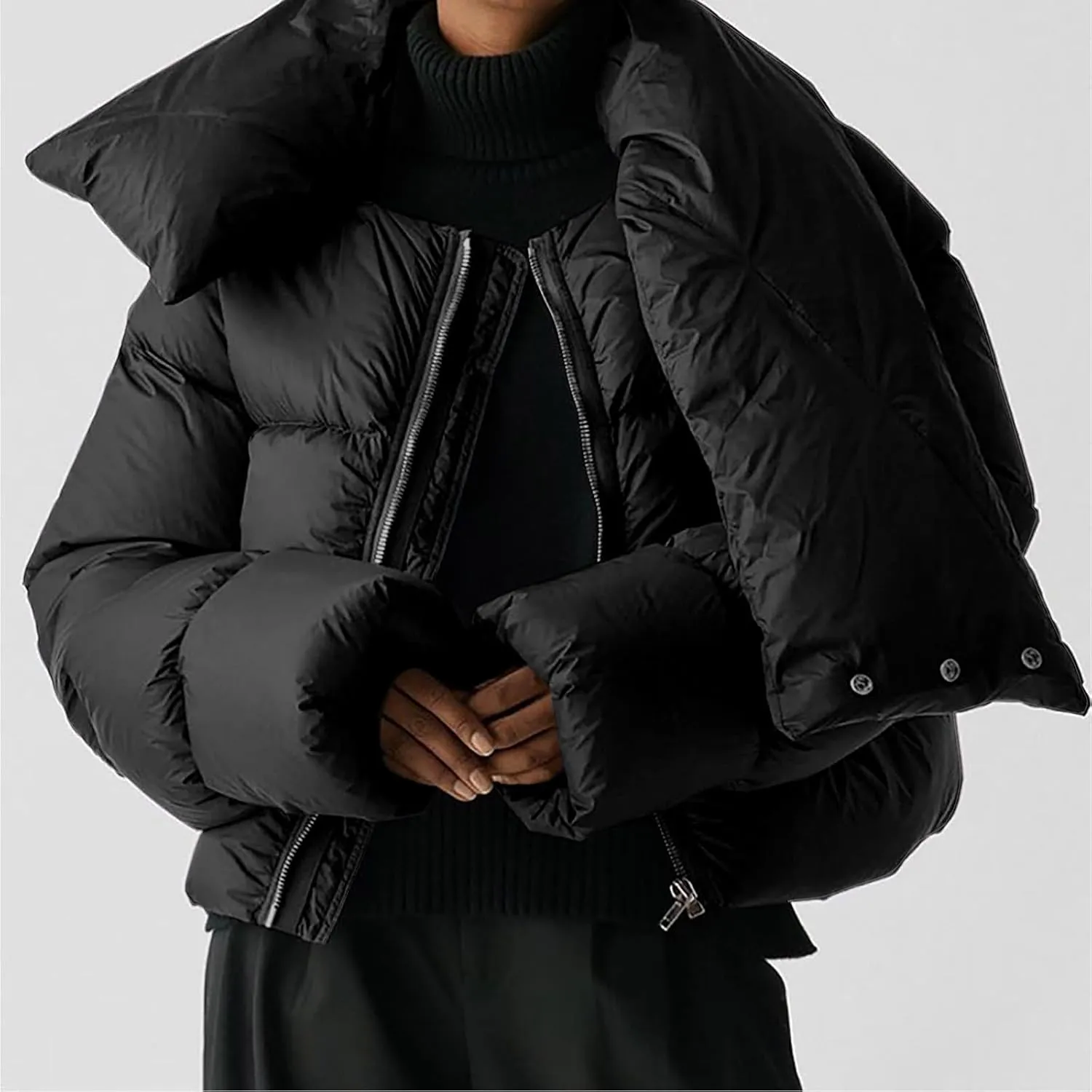 Womens Cropped Puffer Jackets Winter Snap Neck Long Sleeve Short Down Coat Zip Up Padding Warm Quilted Crop Outerwear