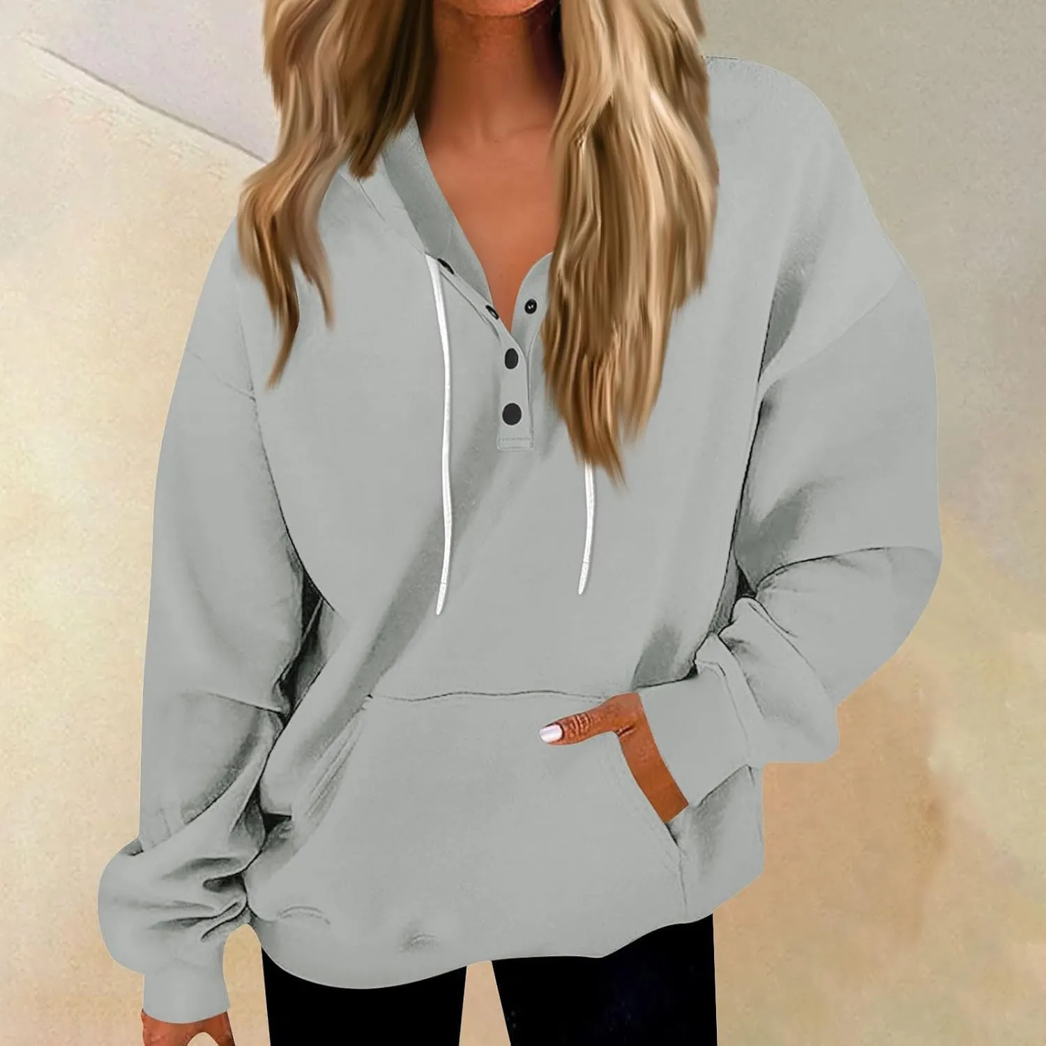 Womens Fleece Button Oversized Sweatshirt Drawstring Lightweight Baggy Hoodie Drop Shoulder Hooded Pullover w/Pockets