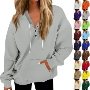 Womens Fleece Button Oversized Sweatshirt Drawstring Lightweight Baggy Hoodie Drop Shoulder Hooded Pullover w/Pockets