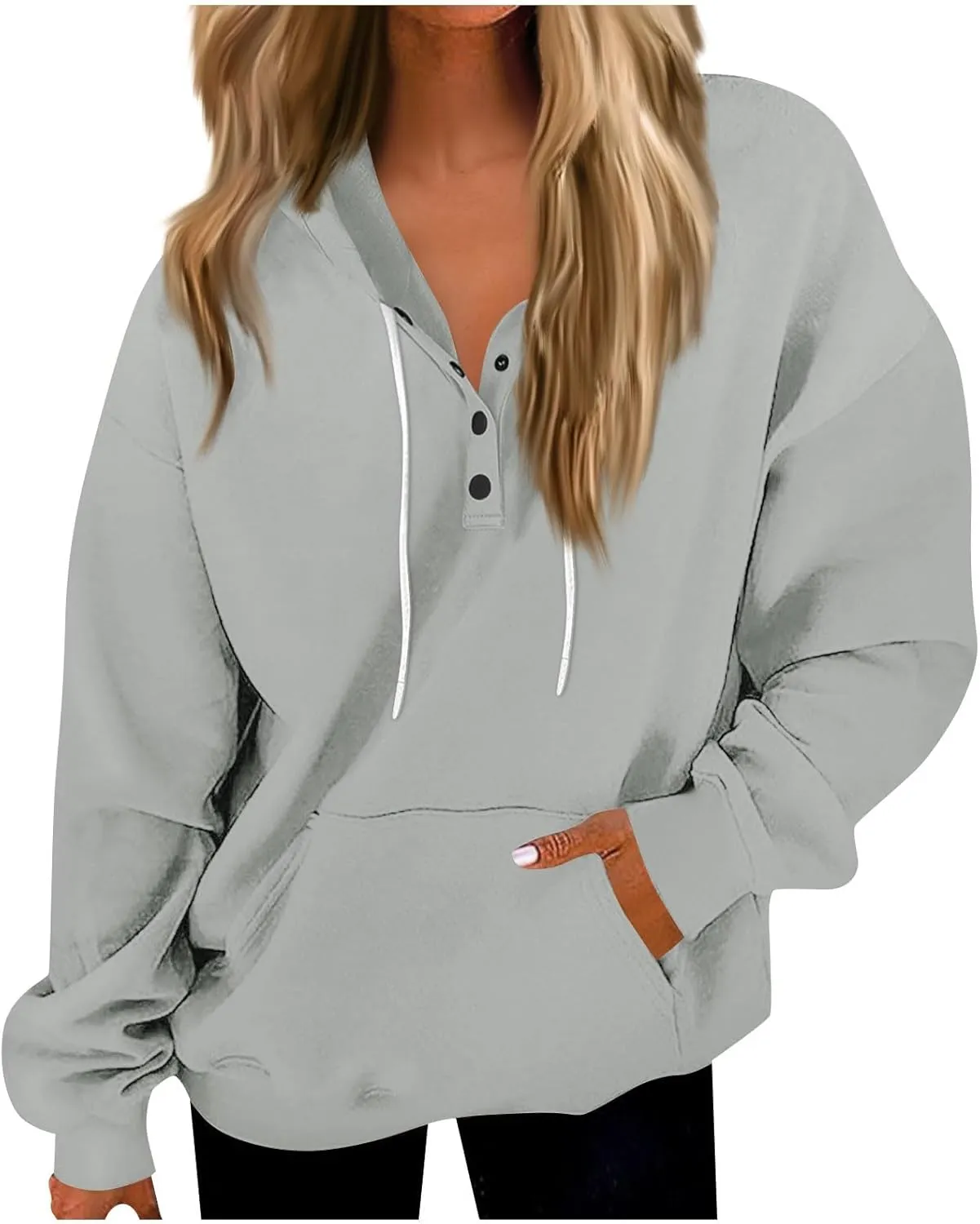 Womens Fleece Button Oversized Sweatshirt Drawstring Lightweight Baggy Hoodie Drop Shoulder Hooded Pullover w/Pockets