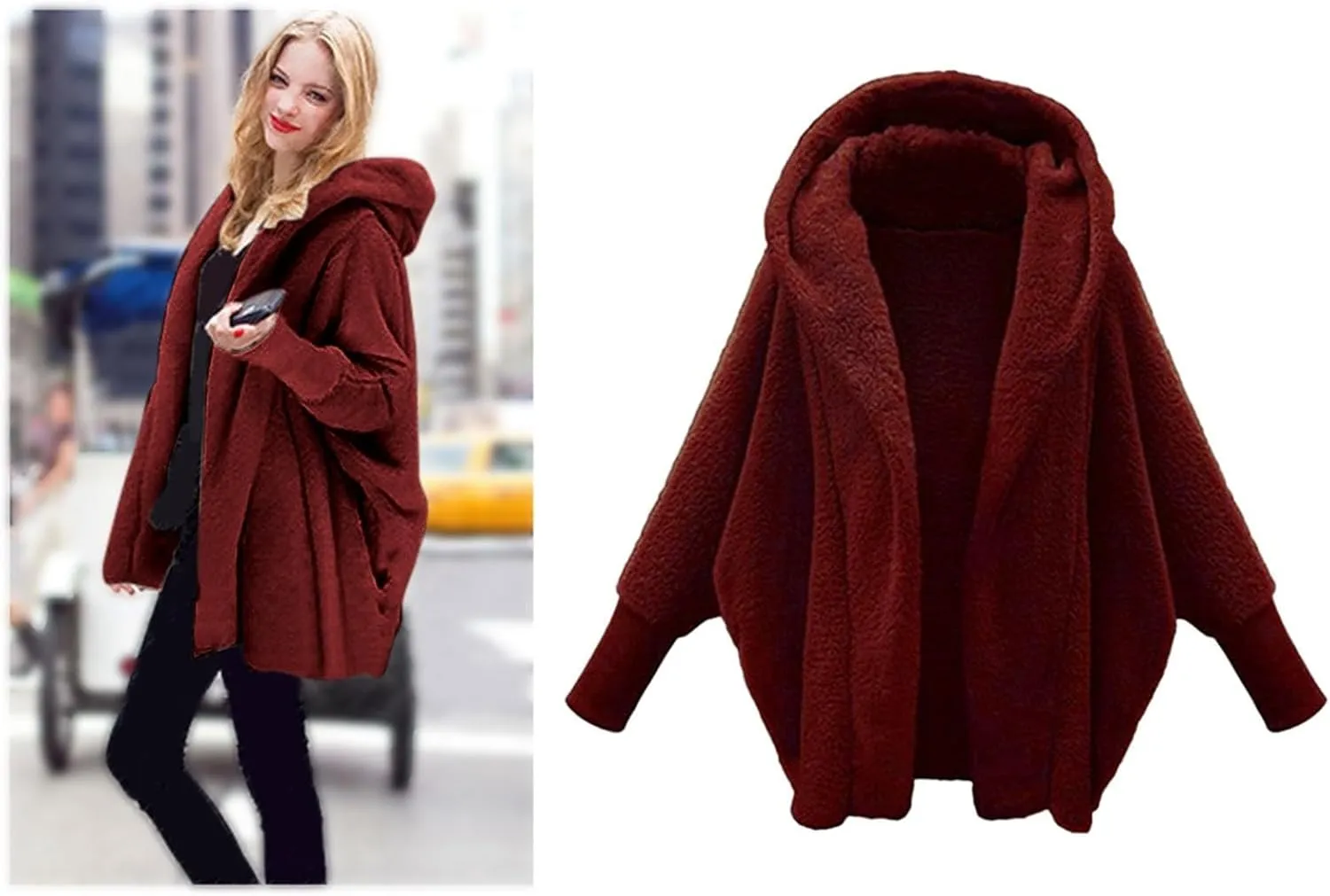 Womens Fleece Jackets Winter Warm Wool Cardigan Sherpa Lined Jacket Long Sleeve Solid Color Hooded Sweater Jacket