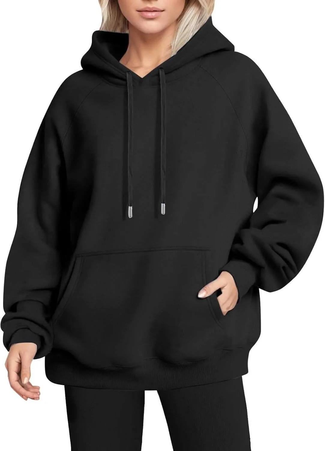 Womens Hoodies Cotton Fleece Drawstring Oversized Sweatshirt Long Sleeve Raglan Cute Sweatshirts Pullover with Pocket