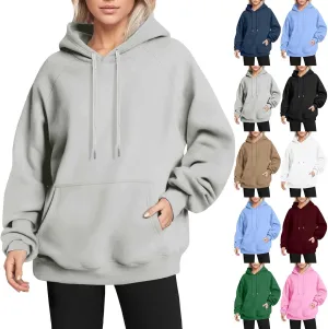 Womens Hoodies Cotton Fleece Drawstring Oversized Sweatshirt Long Sleeve Raglan Cute Sweatshirts Pullover with Pocket