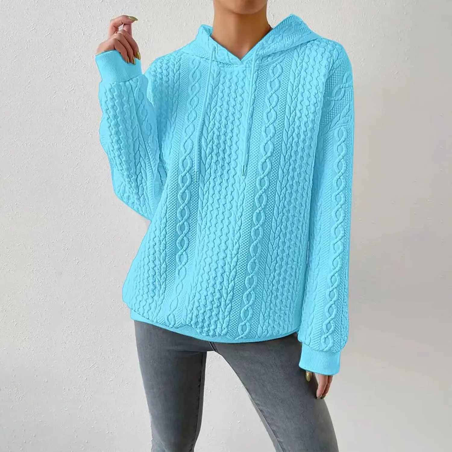 Womens Hoodies Fall Winter Waffle Knit Drawstring Casual Sweatshirts Fashion Sweaters Pullover