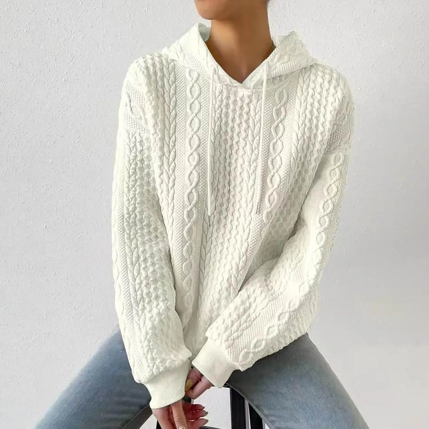 Womens Hoodies Fall Winter Waffle Knit Drawstring Casual Sweatshirts Fashion Sweaters Pullover