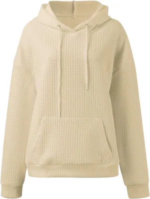 Womens Hoodies Waffle Knit Pullover Tops Loose Hoodie Casual Long Sleeve Drawstring Sweatshirt with Kangaroo Pocket