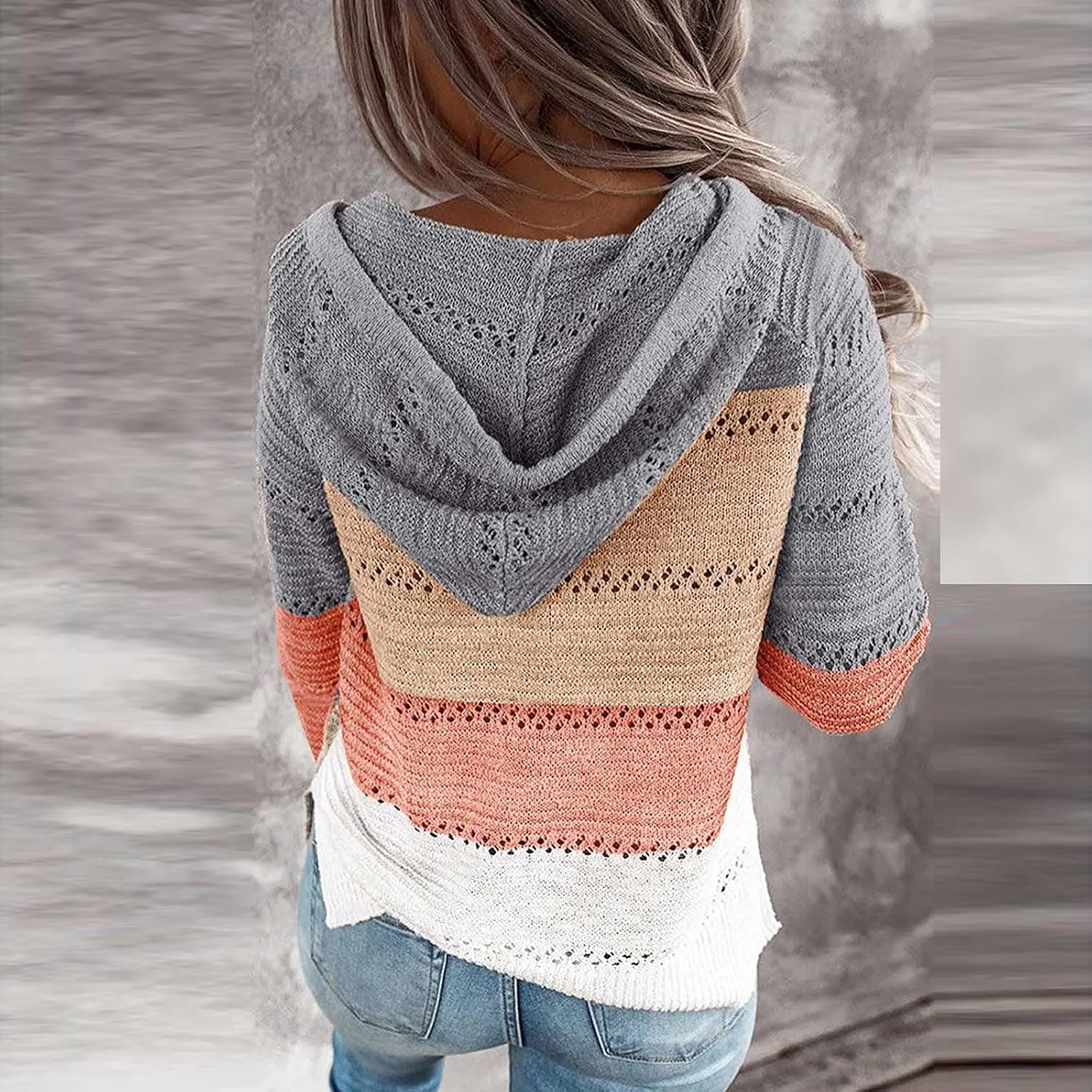 Womens Lightweight Color Block Hooded Sweaters Drawstring Hoodies Pullover Sweatshirts Long Sleeve Zip Up Hoodies