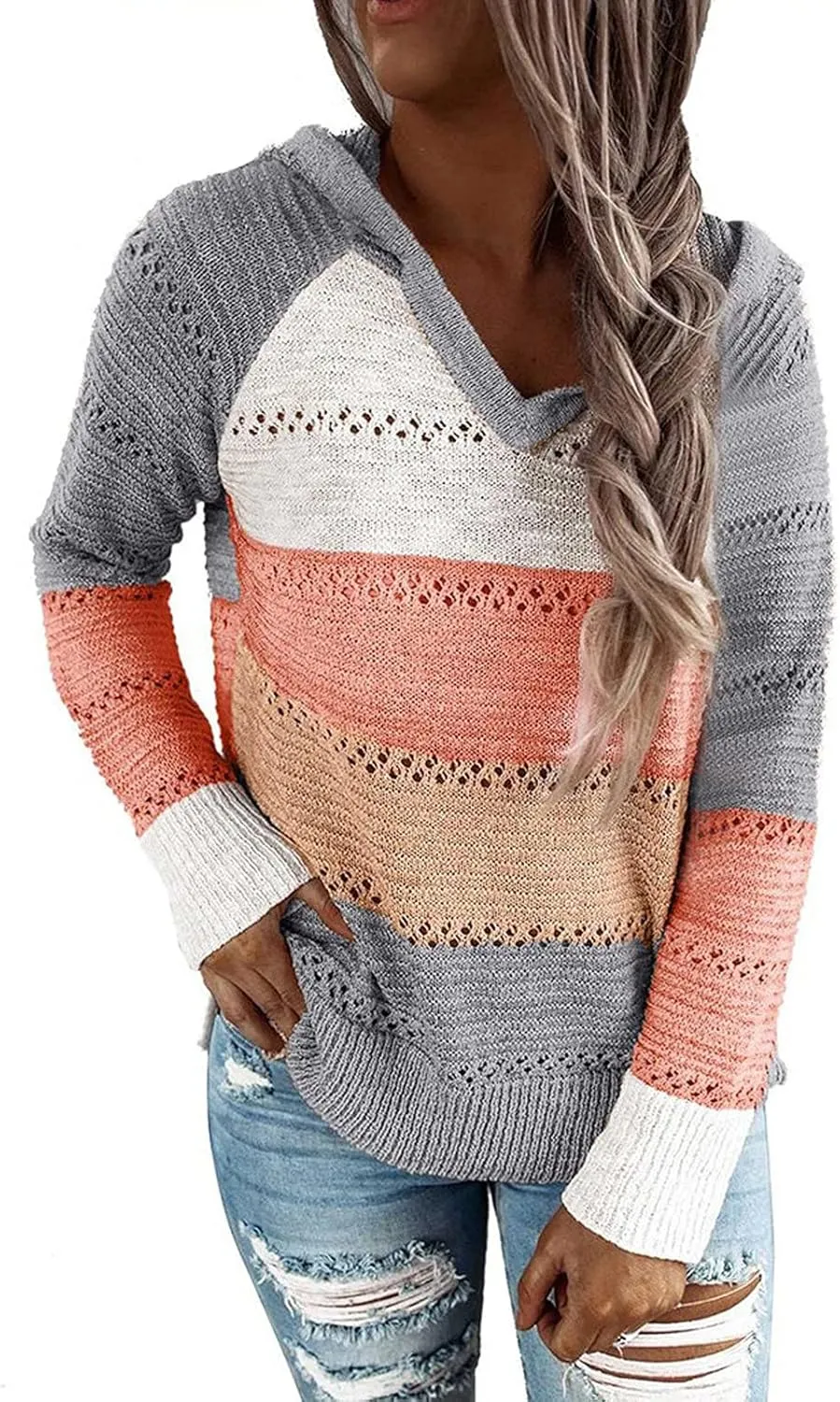 Womens Lightweight Color Block Hooded Sweaters Drawstring Hoodies Pullover Sweatshirts Long Sleeve Zip Up Hoodies
