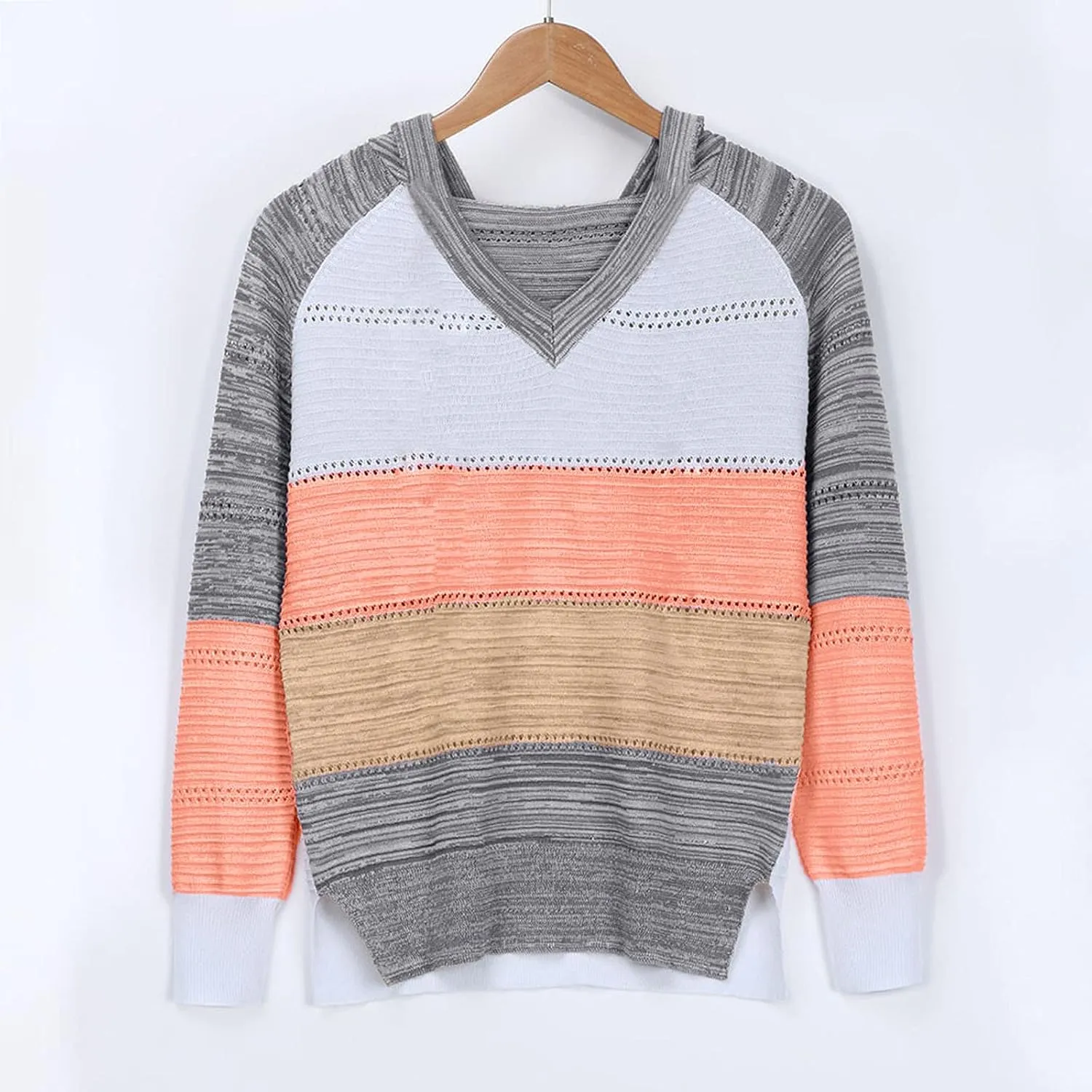 Womens Lightweight Color Block Hooded Sweaters Drawstring Hoodies Pullover Sweatshirts Long Sleeve Zip Up Hoodies