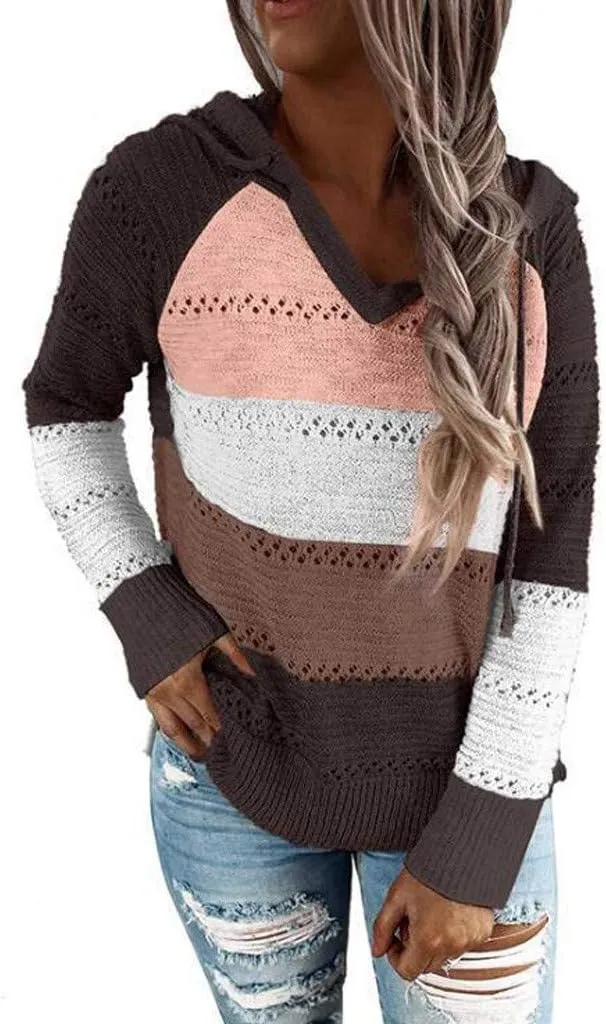 Womens Lightweight Color Block Hooded Sweaters Drawstring Hoodies Pullover Sweatshirts Long Sleeve Zip Up Hoodies
