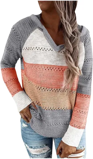 Womens Lightweight Color Block Hooded Sweaters Drawstring Hoodies Pullover Sweatshirts Long Sleeve Zip Up Hoodies