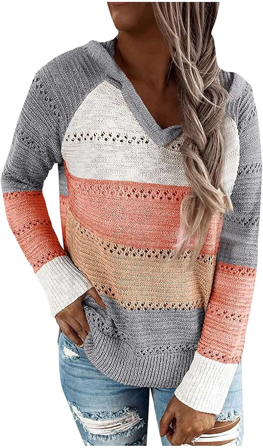 Womens Lightweight Color Block Hooded Sweaters Drawstring Hoodies Pullover Sweatshirts Long Sleeve Zip Up Hoodies