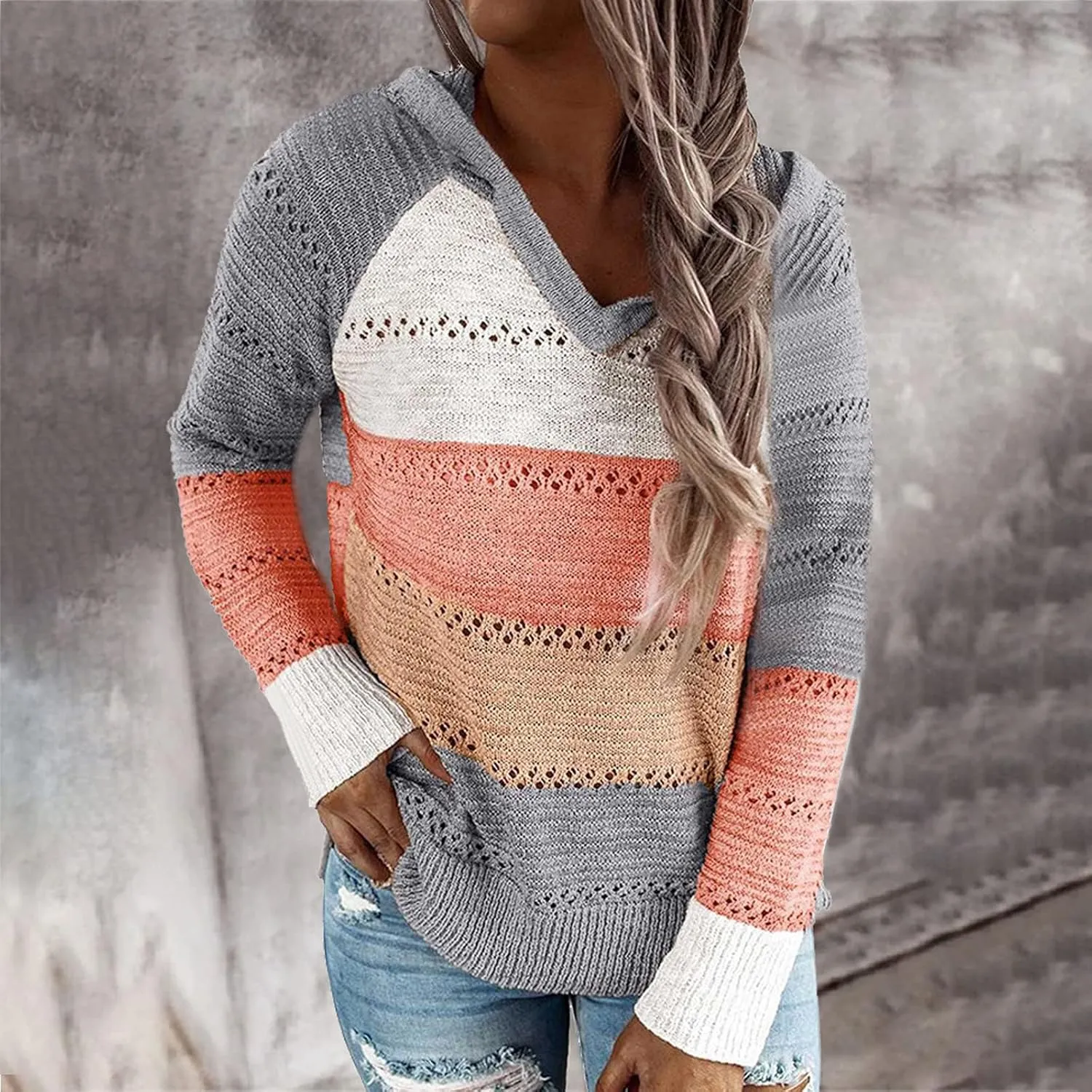 Womens Lightweight Color Block Hooded Sweaters Drawstring Hoodies Pullover Sweatshirts Long Sleeve Zip Up Hoodies