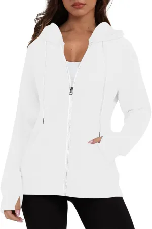 Women's Lightweight Hoodies with Thumb Holes Full Zip Up Long Sleeve Jacket 2024 Hooded Fall Outfits with Pockets