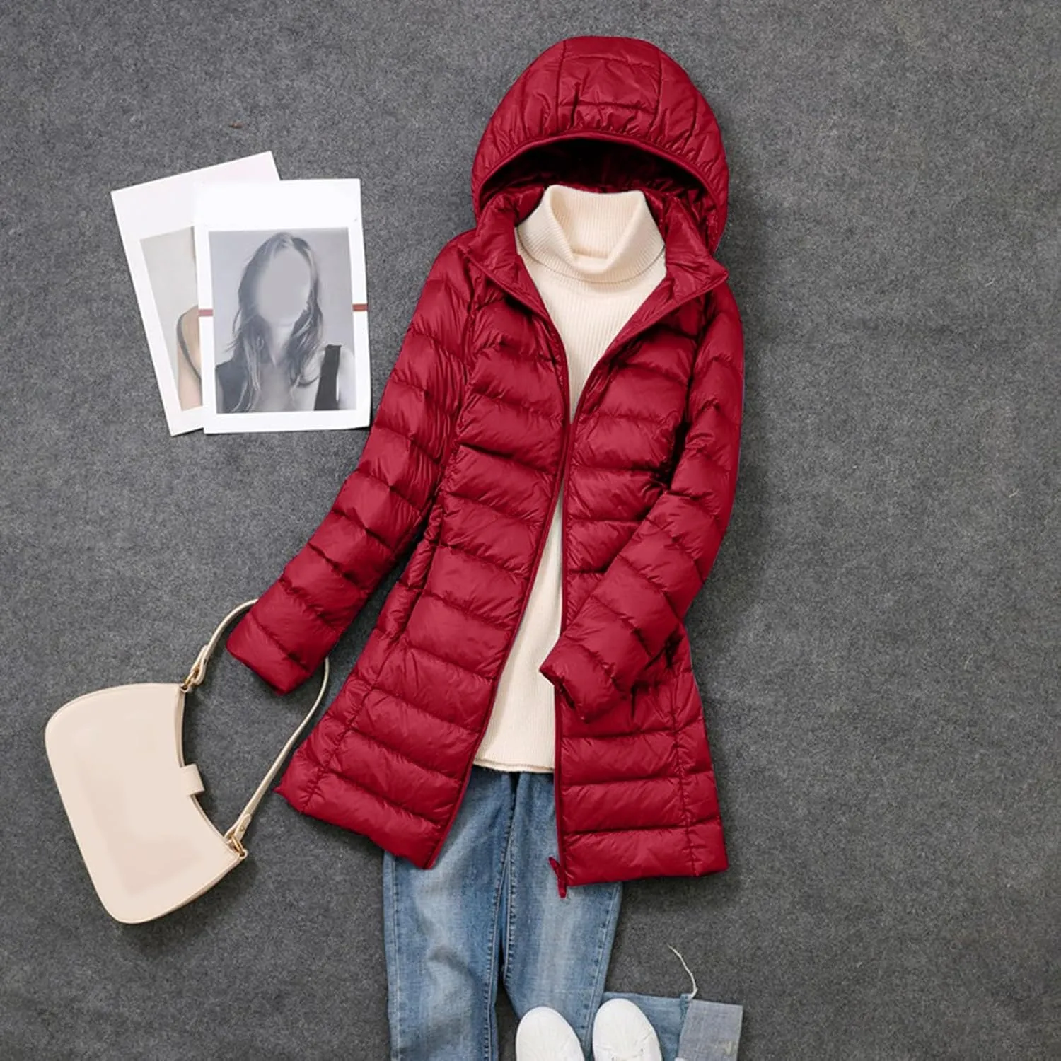 Womens Long Puffer Jacket Warm Packable Down Jackets Lightweight Hooded Jacket Short Down Coats