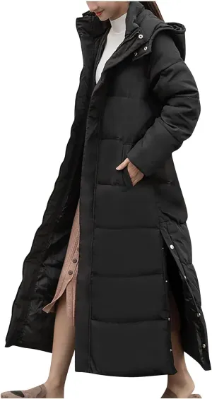 Womens Long Quilted Coat Down Puffer Coat Lightweight Jacket with Hood Bubble Coat
