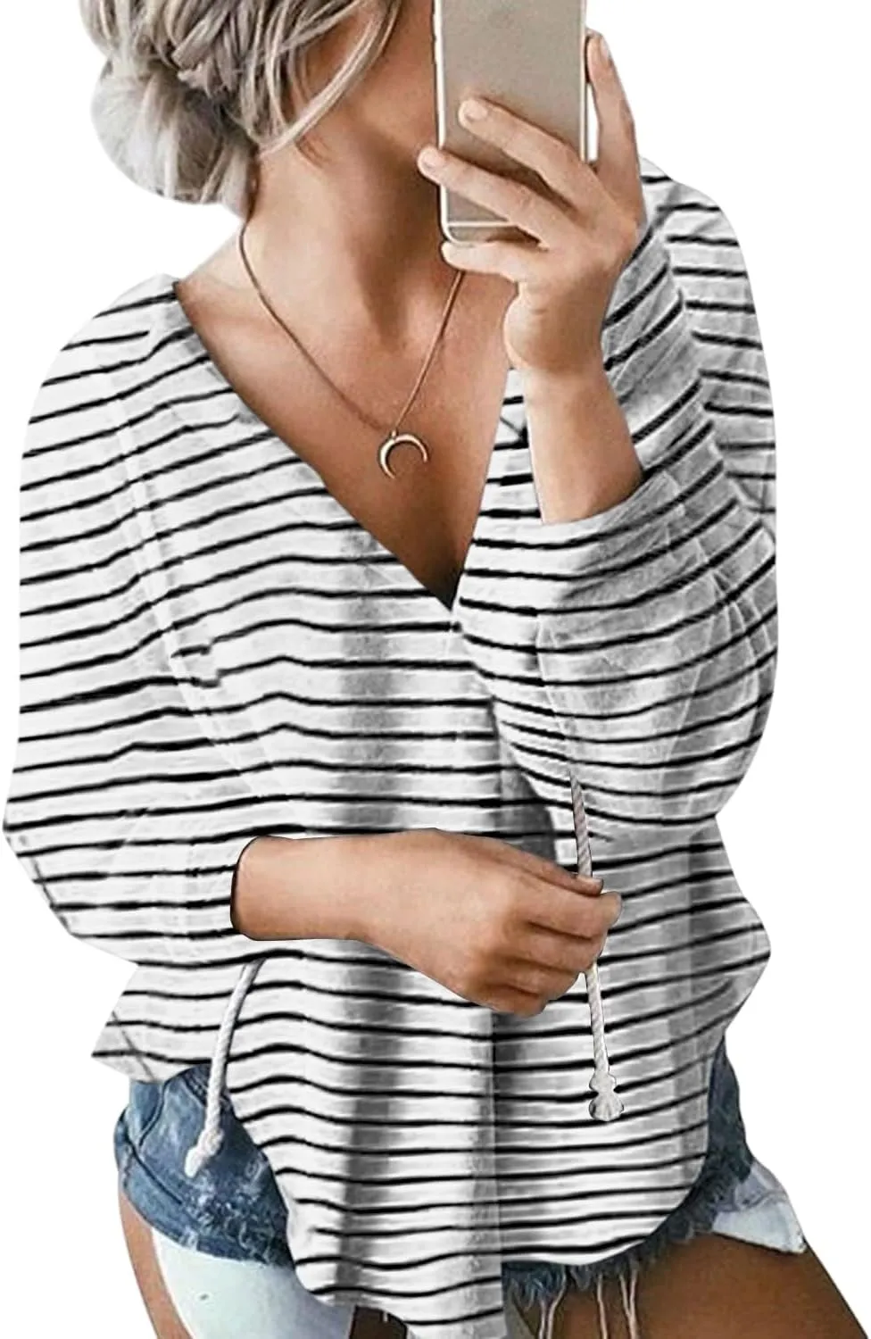 Womens Long Sleeve V Neck Hoodie Sweatshirts Lightweight Pullover Tops
