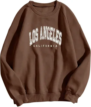 Women's Los Angeles Print Sweatshirts Letter Solid Color Crew Neck Women's Sweatshirts California Round Neck Clothes