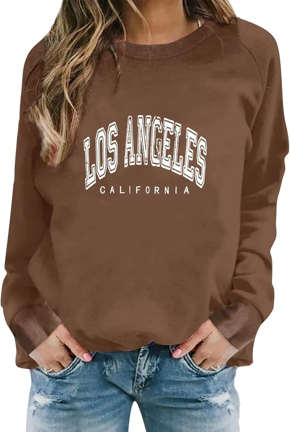 Women's Los Angeles Print Sweatshirts Letter Solid Color Crew Neck Women's Sweatshirts California Round Neck Clothes