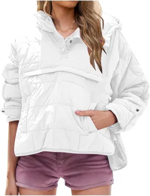 Womens Oversized Puffer Jacket Lightweight Quilted Jackets Dolman Hoodies Pullover Long Sleeve Warm Winter Coat