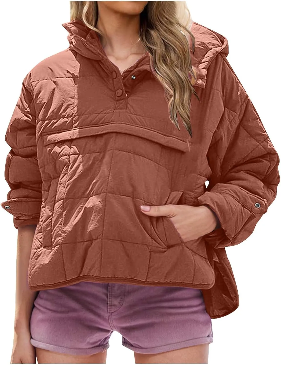 Womens Oversized Puffer Jacket Lightweight Quilted Jackets Dolman Hoodies Pullover Long Sleeve Warm Winter Coat