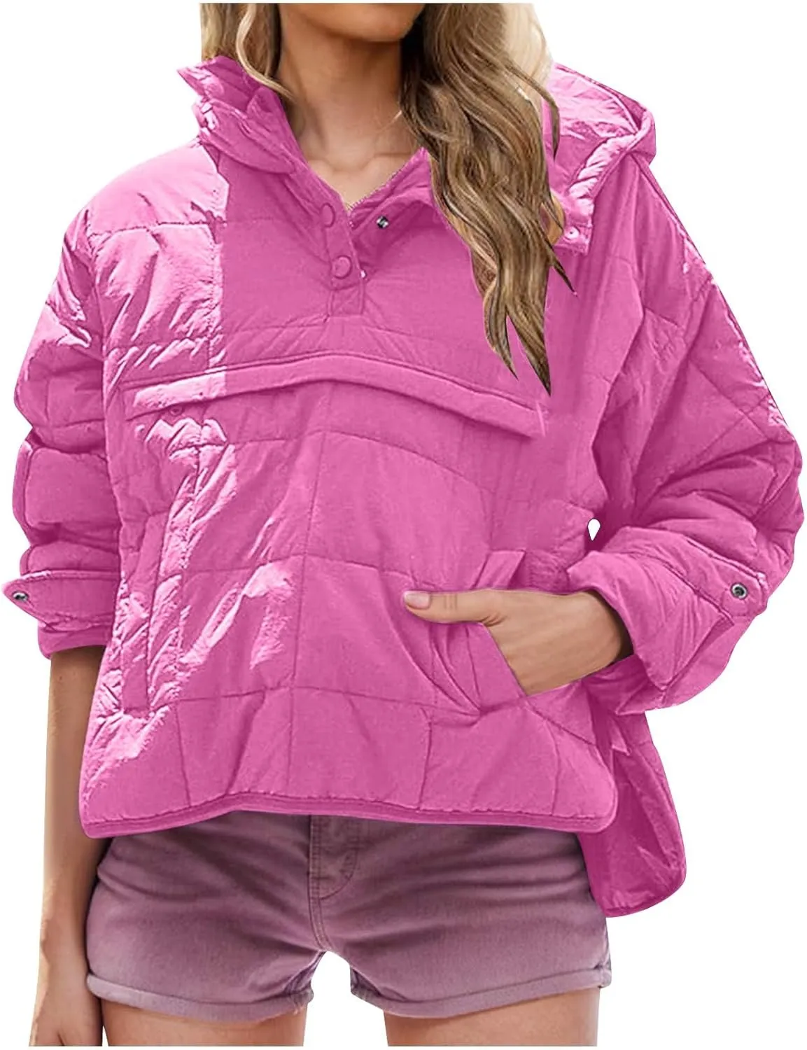 Womens Oversized Puffer Jacket Lightweight Quilted Jackets Dolman Hoodies Pullover Long Sleeve Warm Winter Coat