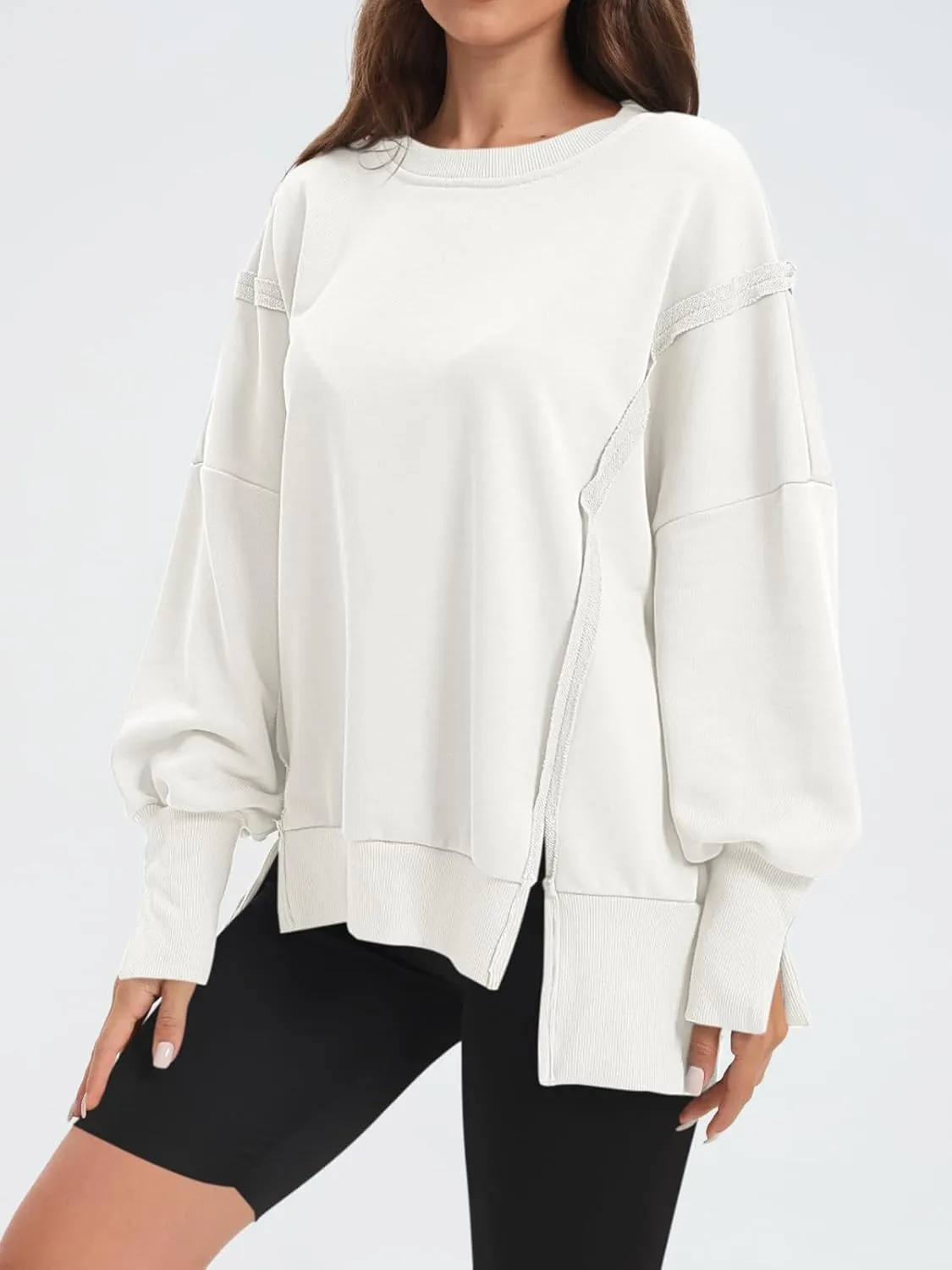 Women's Oversized Sweatshirt Crewneck Long Sleeve Side Slit Casual Loose Slouchy Pullover Top