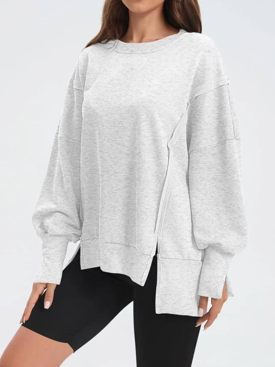 Women's Oversized Sweatshirt Crewneck Long Sleeve Side Slit Casual Loose Slouchy Pullover Top