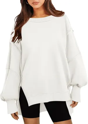 Women's Oversized Sweatshirt Crewneck Long Sleeve Side Slit Casual Loose Slouchy Pullover Top