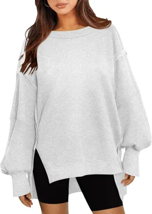 Women's Oversized Sweatshirt Crewneck Long Sleeve Side Slit Casual Loose Slouchy Pullover Top