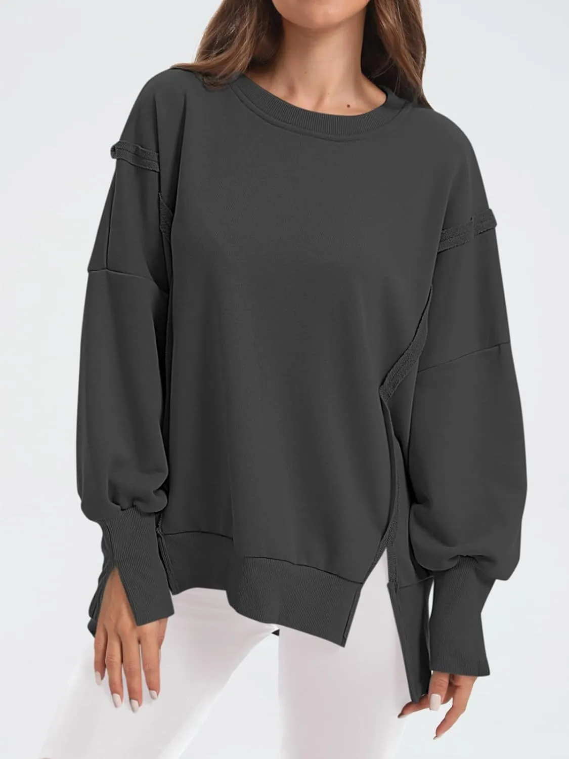 Women's Oversized Sweatshirt Crewneck Long Sleeve Side Slit Casual Loose Slouchy Pullover Top