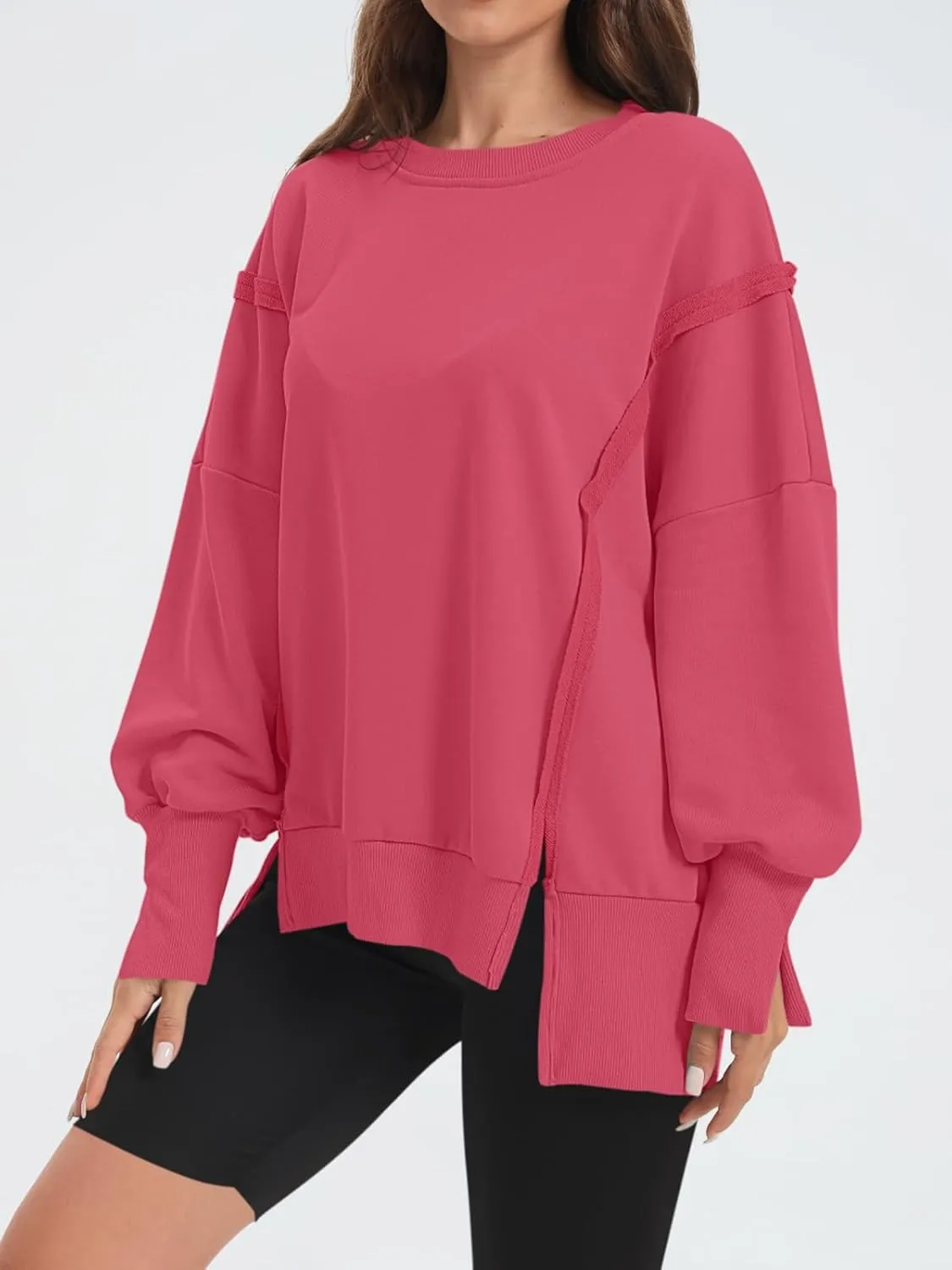 Women's Oversized Sweatshirt Crewneck Long Sleeve Side Slit Casual Loose Slouchy Pullover Top