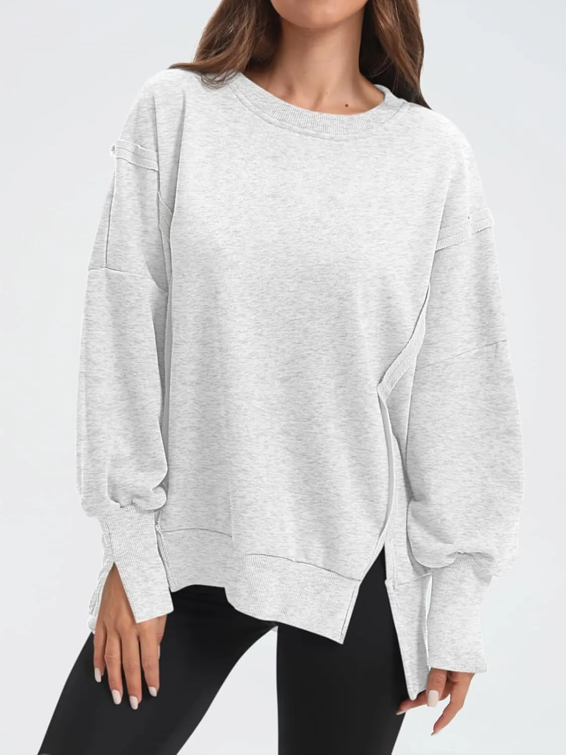 Women's Oversized Sweatshirt Crewneck Long Sleeve Side Slit Casual Loose Slouchy Pullover Top