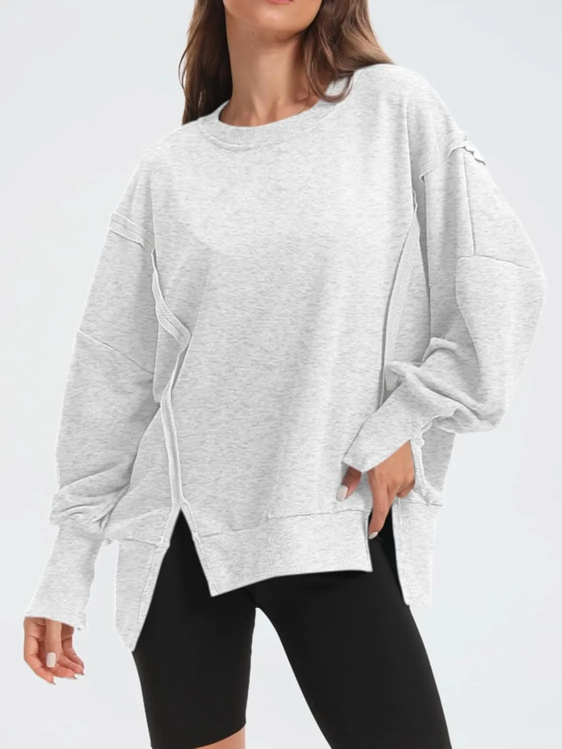Women's Oversized Sweatshirt Crewneck Long Sleeve Side Slit Casual Loose Slouchy Pullover Top