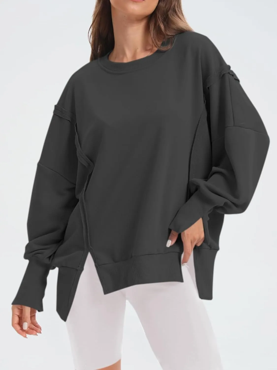 Women's Oversized Sweatshirt Crewneck Long Sleeve Side Slit Casual Loose Slouchy Pullover Top