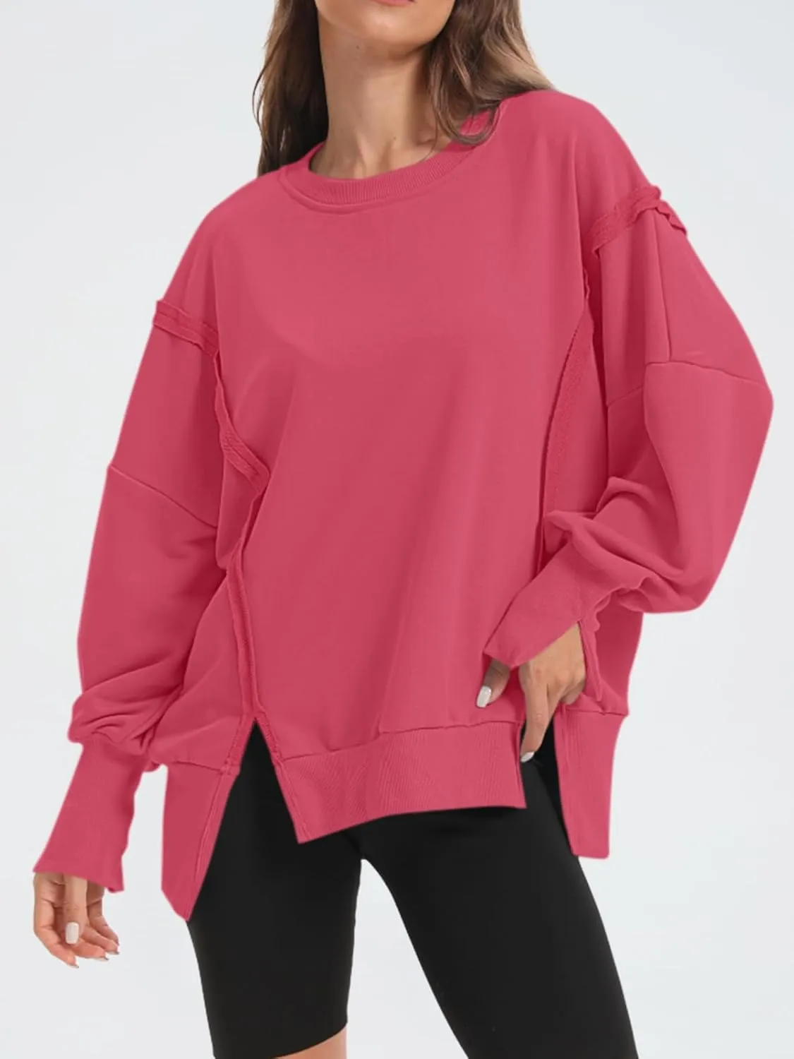 Women's Oversized Sweatshirt Crewneck Long Sleeve Side Slit Casual Loose Slouchy Pullover Top