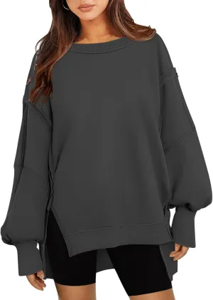 Women's Oversized Sweatshirt Crewneck Long Sleeve Side Slit Casual Loose Slouchy Pullover Top
