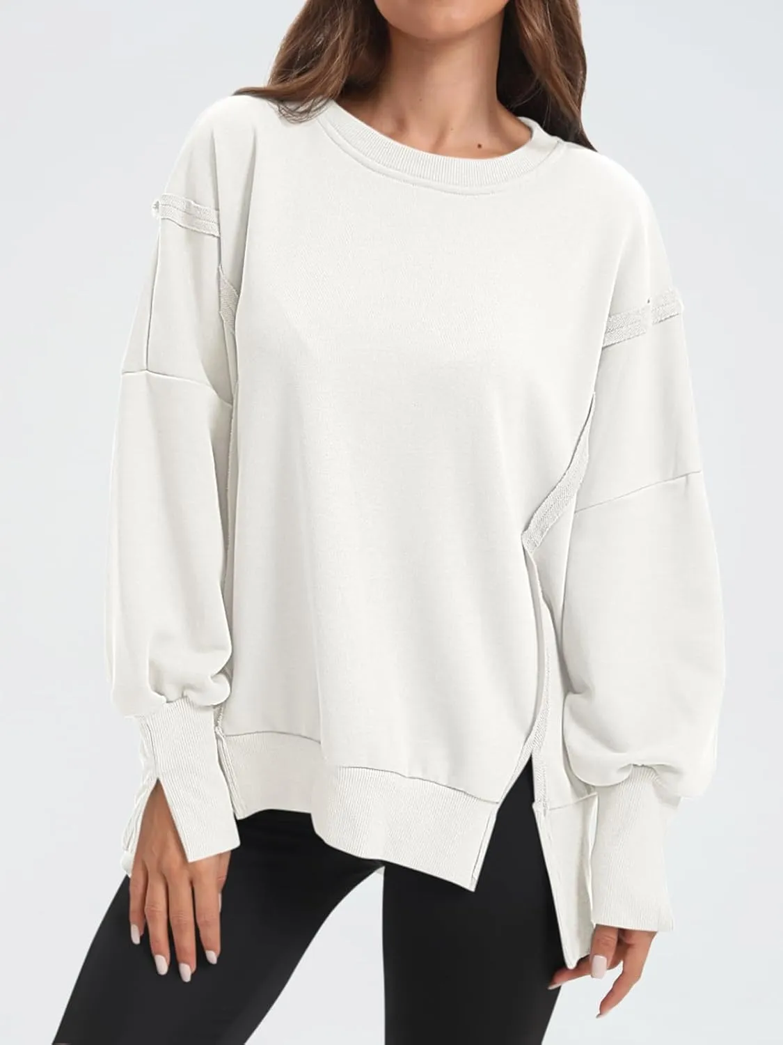Women's Oversized Sweatshirt Crewneck Long Sleeve Side Slit Casual Loose Slouchy Pullover Top