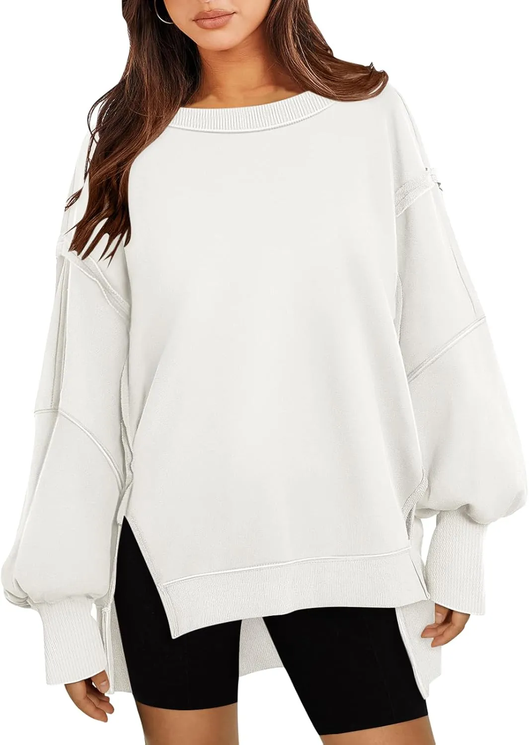 Women's Oversized Sweatshirt Crewneck Long Sleeve Side Slit Casual Loose Slouchy Pullover Top